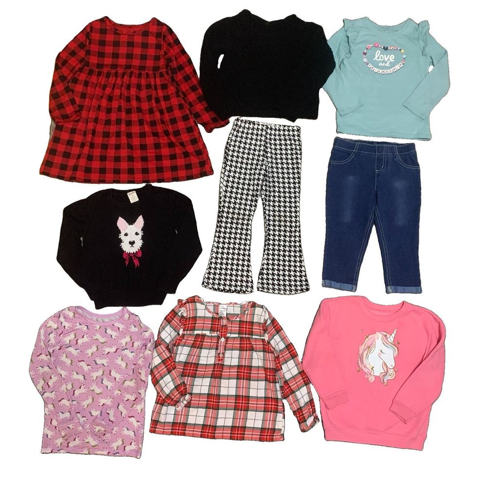 Girls 4T Fall Winter Clothing Lot 9 Pc Dress Sweaters Tops Pants Unicorn Plaid